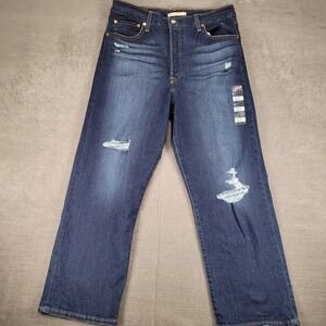 Levi's Ribcage Straight Ankle Jeans Button Fly Distressed Dark Wash Denim Sz‎ 32